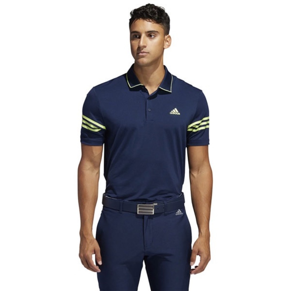 Adidas Navy Polo Golf Breathable Striped‎ Neon Polo Short Sleeve Large